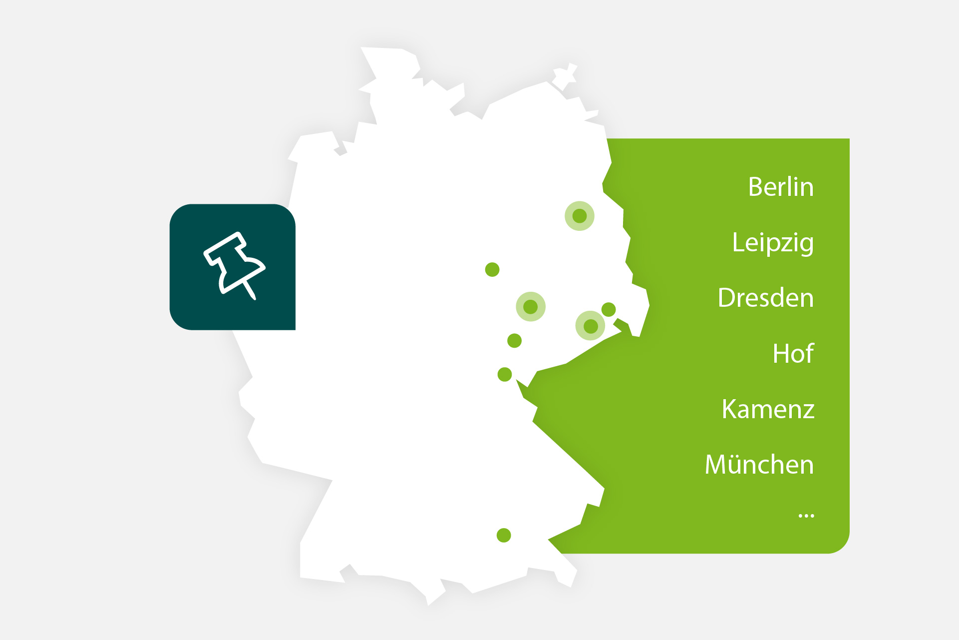 Karte mit Referenzprojekten in Berlin, Leipzig, Dresden, Hof, Kamenz, München